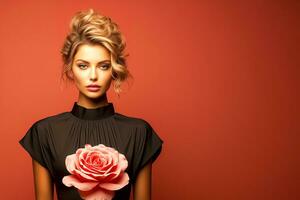 ai généré Jeune femme dans noir robe avec rouge Rose sur rouge Contexte avec espace pour texte. photo