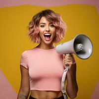 ai généré portrait de une blond fille avec une mégaphone. photo