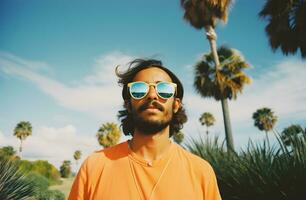 ai généré portrait de une Jeune homme dans des lunettes de soleil sur le Contexte de paume des arbres photo