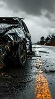 ai généré voiture accident sur une humide route avec pluie gouttes sur le asphalte photo