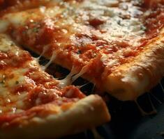 ai généré Pizza avec mozzarella fromage et tomate sauce sur noir Contexte photo