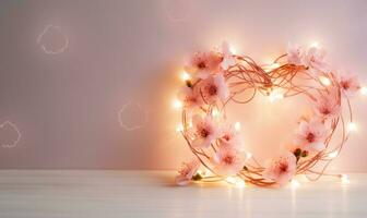 ai généré valentines journée salutation carte. couronne de pêche fleurs sur en bois table plus de rose Contexte avec lumières. photo