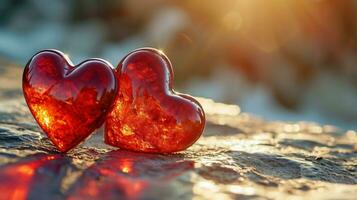 ai généré deux brillant cœurs sont symboles de les amoureux. st. la Saint-Valentin journée concept. photo