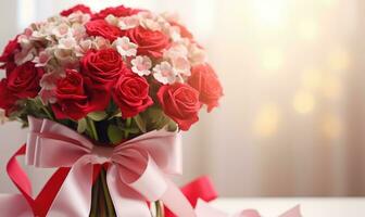 ai généré bouquet de fleurs avec rose arc sur blanc en bois tableau. photo