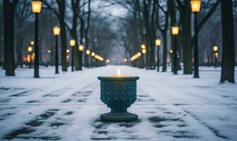 ai généré bougie sur le rue dans hiver avec lanternes dans le Contexte photo