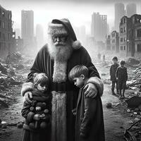 ai généré une triste père Noël est permanent avec les enfants parmi le ruines de une ville dans guerre. Arrêtez tout guerres concept. photo