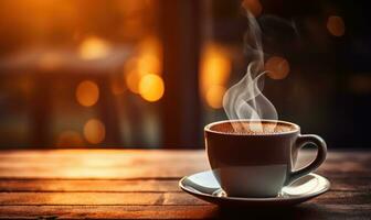 ai généré une fumant café tasse sur une soucoupe mis sur une table avec une chaud, confortable café atmosphère et doux bokeh lumières photo