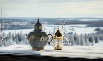 ai généré encore la vie avec petit déjeuner sur le terrasse surplombant une magnifique hiver paysage. photo