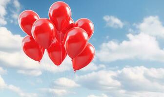 ai généré rouge des ballons dans le bleu ciel. horizontal bannière. la Saint-Valentin journée Contexte avec en forme de coeur des ballons dans brillant bleu ciel. photo