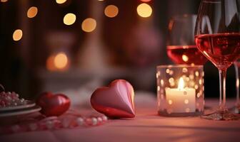 ai généré la Saint-Valentin journée Contexte avec deux des lunettes de vin, bougies et cœurs photo