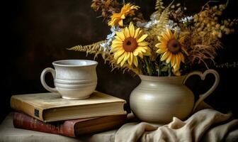 ai généré encore la vie avec une vase de tournesols et livres sur une noir Contexte photo