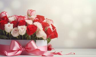 ai généré bouquet de rouge des roses avec cadeau boîte sur en bois Contexte. photo