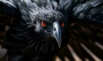 ai généré portrait de une noir corbeau avec Orange yeux proche en haut. photo