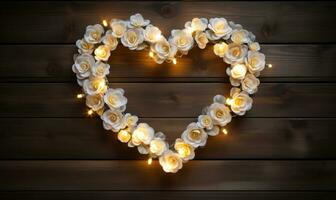ai généré cœur forme fabriqué de blanc des roses et guirlande lumières sur en bois Contexte photo