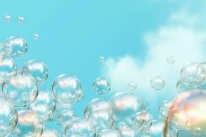 ai généré transparent savon bulles flottant avec une bleu ciel Contexte. photo