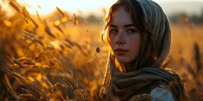 ai généré magnifique milieu est femme avec taches de rousseur affronter, portant foulard dans blé champ avec embrasé lumière du soleil effet. génératif ai photo