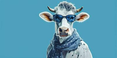 ai généré portrait de cool et marrant vache portant des lunettes dans studio Contexte. génératif ai photo