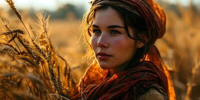 ai généré magnifique milieu est femme avec taches de rousseur affronter, portant foulard dans blé champ avec embrasé lumière du soleil effet. génératif ai photo