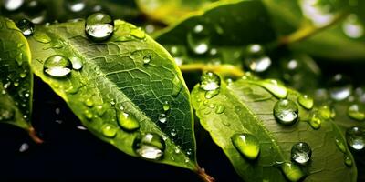 ai généré Frais vert feuilles avec l'eau gouttelettes. proche en haut de feuille avec gouttes de pluie. génératif ai photo