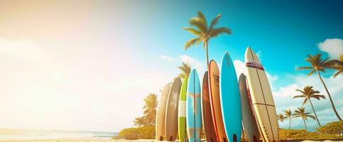 ai généré planche de surf sur le plage avec bleu ciel voir. génératif ai photo