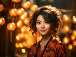 ai généré magnifique court aux cheveux asiatique femme dans traditionnel robe avec flou lanterne Contexte. asiatique femmes célébrer le lunaire Nouveau année festival. génératif ai photo