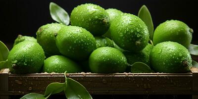 ai généré Frais feijoa fruit avec l'eau gouttes isolé sur noir Contexte. acca sellowiana. génératif ai photo