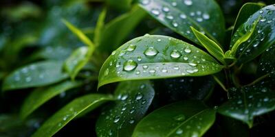 ai généré Frais vert feuilles avec l'eau gouttelettes. proche en haut de feuille avec gouttes de pluie. génératif ai photo
