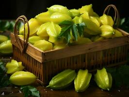 ai généré Frais carambole fruit avec l'eau gouttes. étoile fruit. génératif ai photo