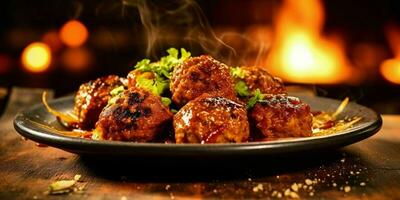 ai généré délicieux Boulettes de viande avec sauce servi sur une plaque. génératif ai photo