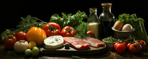 ai généré arrangement de brut Viande, lait, œufs, et des légumes sur noir Contexte. génératif ai photo