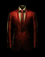 ai généré luxe et élégant rouge Pour des hommes costume avec abstrait motif isolé sur noir Contexte. génératif ai photo