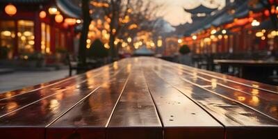 ai généré vide en bois table avec flou ancien chinois ville arrière-plan, décoré avec pendaison lanternes. génératif ai photo