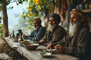 ai généré content et de bonne humeur milieu est vieux homme séance et profiter une repas ensemble en plein air. génératif ai photo