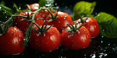 ai généré Frais tomates avec l'eau gouttelettes isolé sur noir Contexte. génératif ai photo