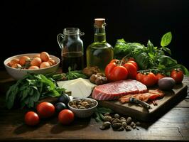 ai généré arrangement de brut Viande, lait, œufs, et des légumes sur noir Contexte. génératif ai photo