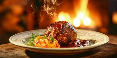 ai généré délicieux Boulettes de viande avec sauce servi sur une plaque. génératif ai photo