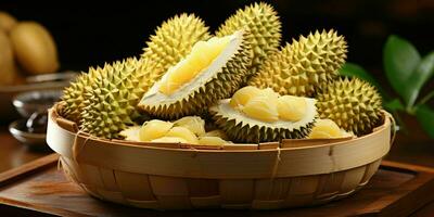 ai généré fermer de Frais durian fruit. durian dans une panier. génératif ai photo