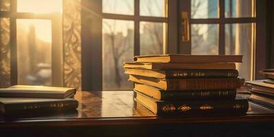 ai généré empiler de livres sur une en bois table avec fenêtre et lumière du soleil dans le Contexte. génératif ai photo