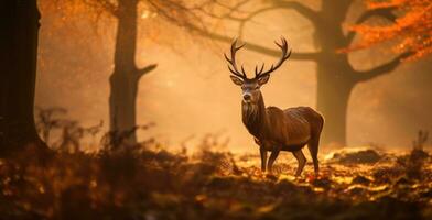 ai généré puissant rouge cerf permanent dans le forêt avec dense brouillard dans le matin, l'automne thème photo