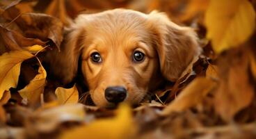 ai généré d'or retriever chien séance sur une pile de sec érable feuilles, l'automne thème concept photo