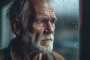 Sénior homme triste et déprimé à la recherche en dehors de le fenêtre avec gouttes de pluie sur le verre fenêtre sur une pluvieux journée ,génératif ai. photo