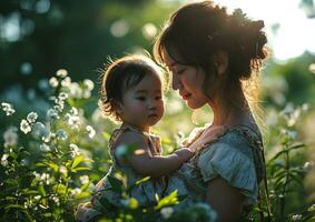 ai généré mère en portant sa enfant tandis que observer la nature lever du soleil photo