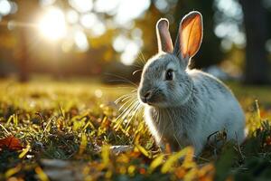 ai généré blanc lapin à une parc pendant ensoleillement photo