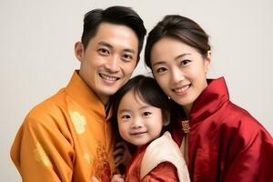 ai généré une famille de Jeune chinois célébrer chinois Nouveau année avec isolé blanc Contexte photo