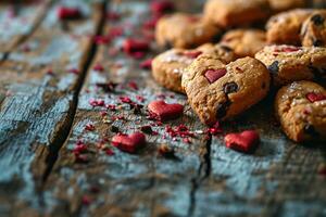 ai généré valentines journée concept décoration avec cœur en forme de biscuits, des roses et brille photo