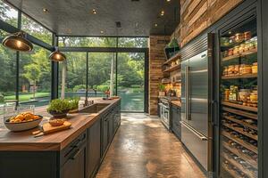 ai généré intérieur conception de une cuisine avec noir cabinet et marbre photo
