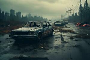 ai généré abandonné rouillé voiture sur le Autoroute Naturel catastrophe photo