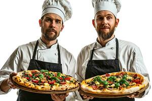 ai généré chefs souriant et Heureusement montrant leur gourmandises photo