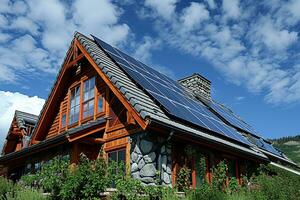 ai généré européen maison en haut dans le colline équipé avec solaire panneau photo