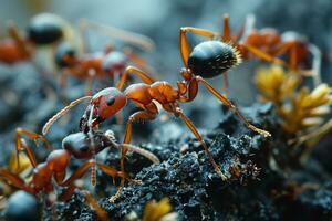 ai généré proche en haut photo de fourmis en marchant par branches